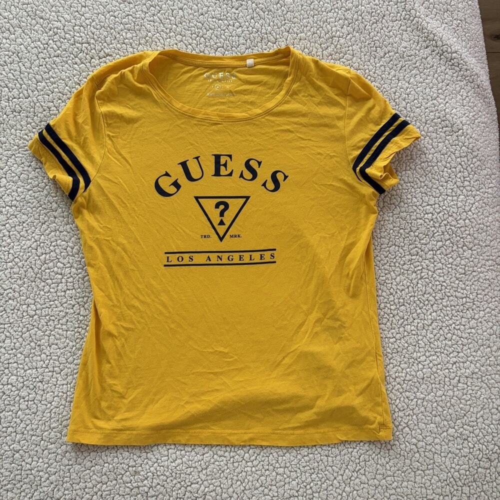 Guess Gold Logo Mustard Yellow Short Sleeve Women's T-Shirt Size medium